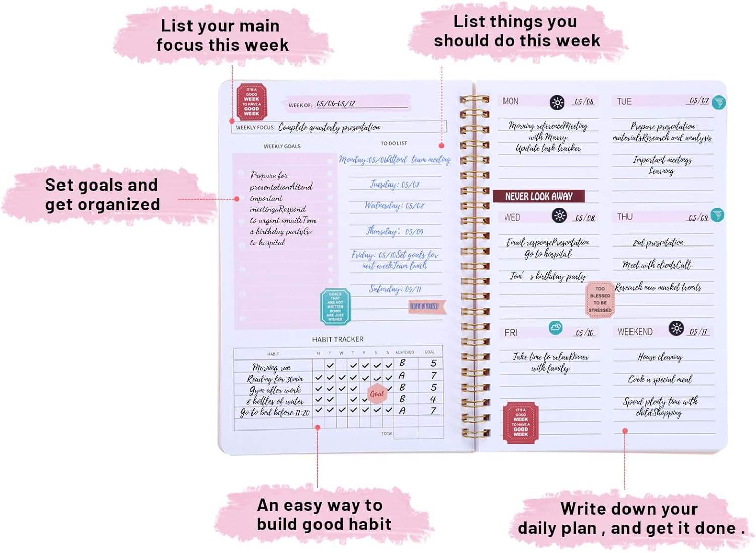 Undated Weekly Planner with Habit Tracker, 52 Weeks To Do List Notebook A5 Weekly Goal Planner with Spiral Binding & Stickers Home Work School Supplies for Women Girls 8.2" x 5.7" - Pink - Image 3