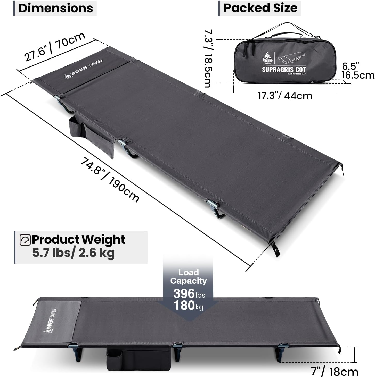 ONETIGRIS SUPRAGRIS Camping Cot, Support Up to 400lbs, Lightweight Comfortable Folding Bed for Camping, Hiking, Backpacking, Travel, Car Trips, Office Nap (Gray) - Image 6