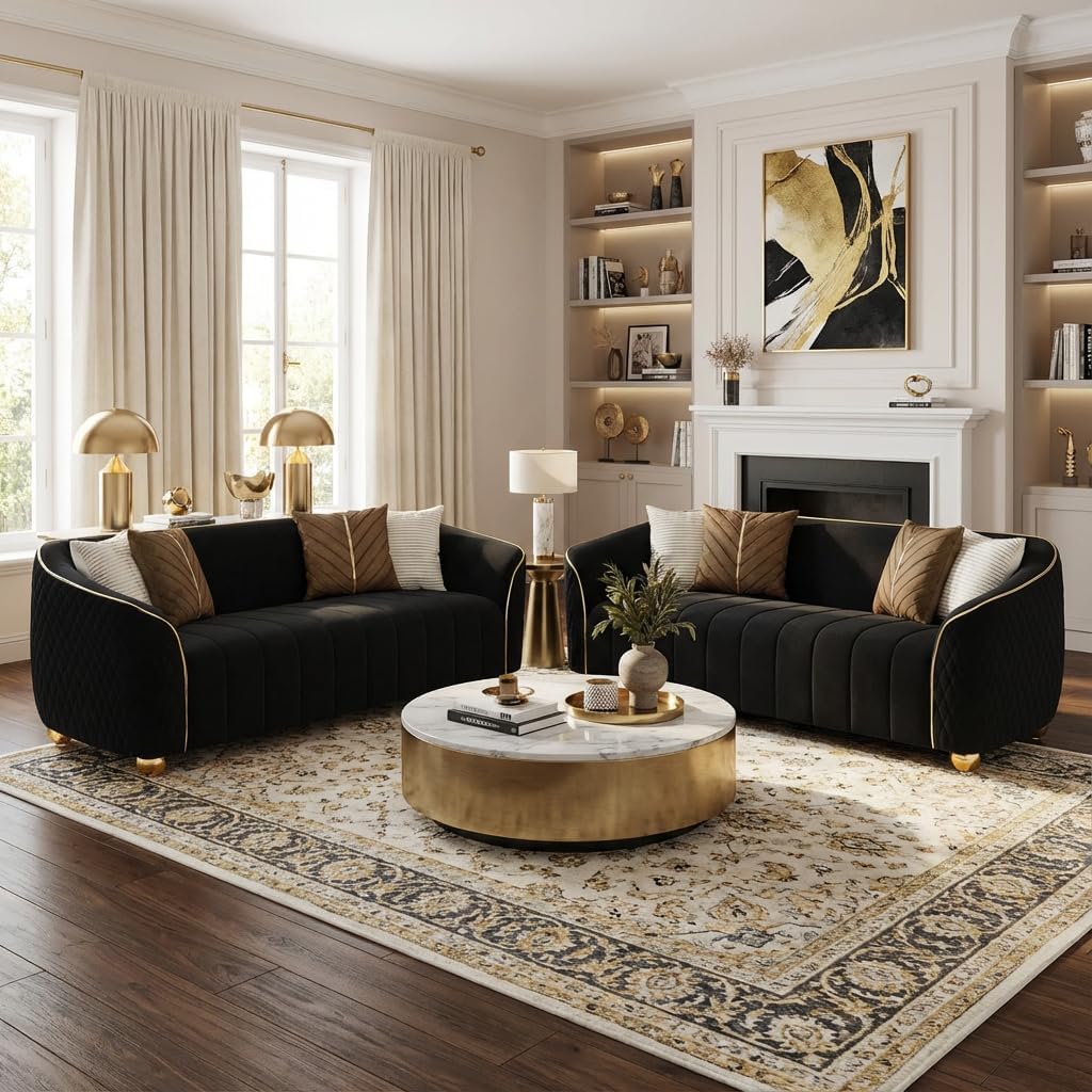 2-Piece Velvet Sofa Set - Two 85" 3-Seaters, Modern Plush Spring Cushions, Solid Wood Frames, Spacious Deep Seats Couch for Small Apartment, Family Living Room & Home Office (Black, 3S+3S) - Image 9