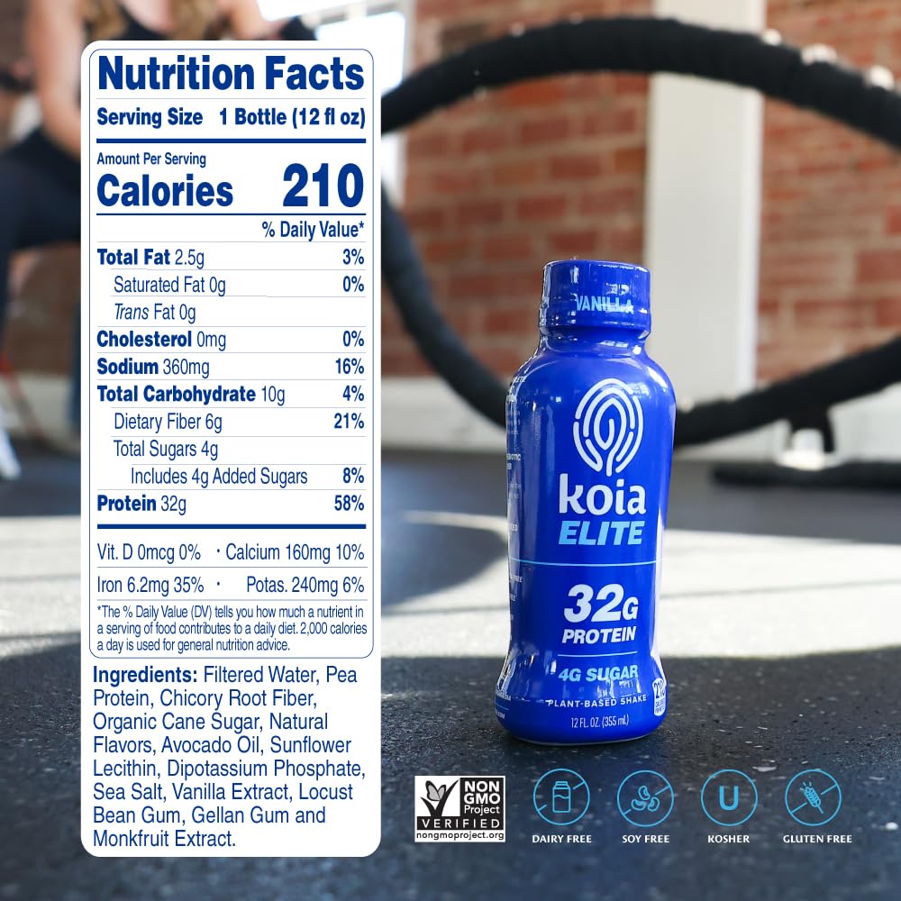 Koia Elite Plant Based Protein Shake, Vanilla, 32g Protein, 4g Sugar, 6g Prebiotic Fiber, Pre & Post Workout Nutritional Drink, No Seed Oils, Dairy-Free, Gluten-Free, Non-GMO, 12 Fl Oz (Pack of 12) - Image 2