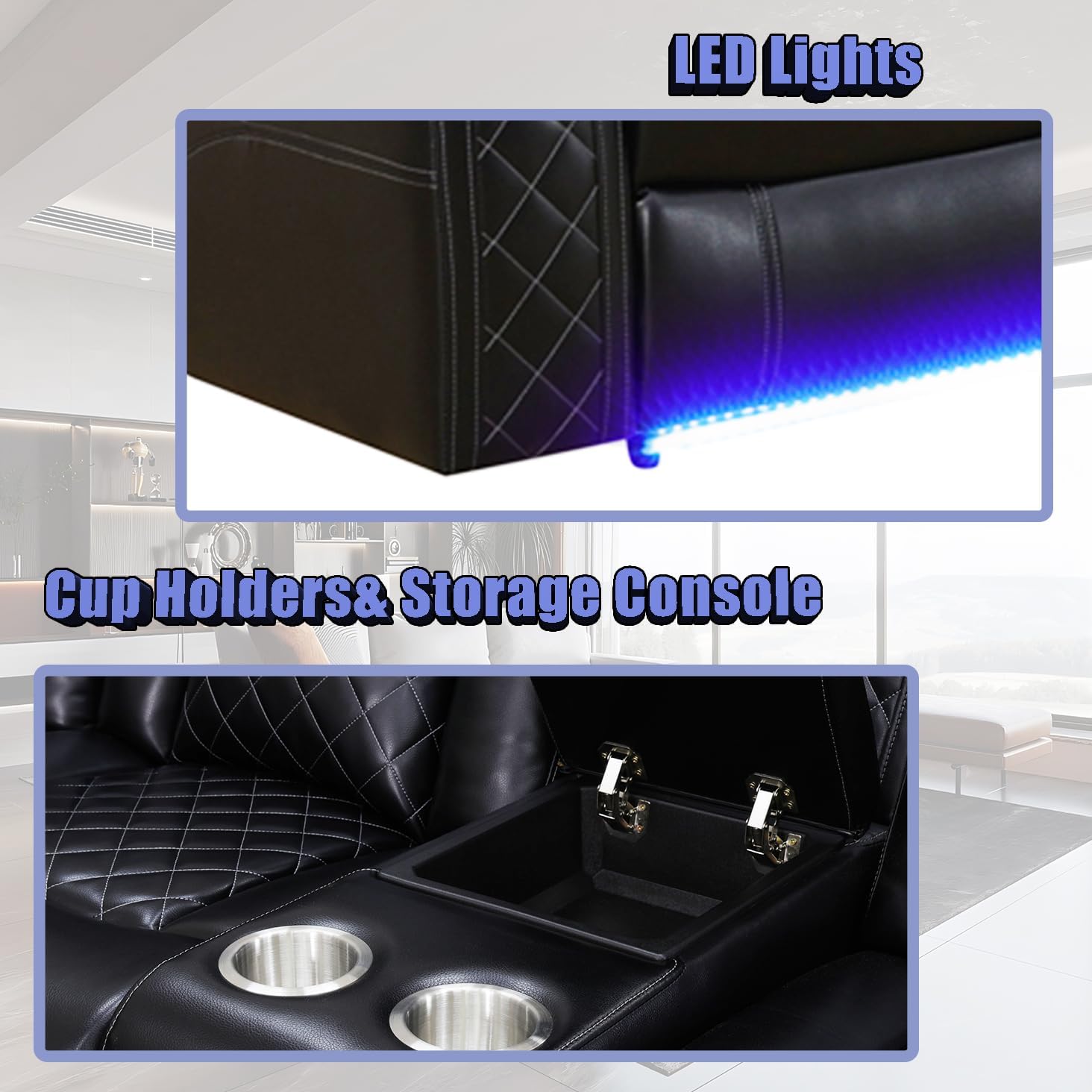 Power Recliner Sectional Sofa Set,Living Room Furniture Sets,Black Leather Sectional Reclining Couch Power Reclining Sofa with LED Light/Storage Console for Living Room - Image 4