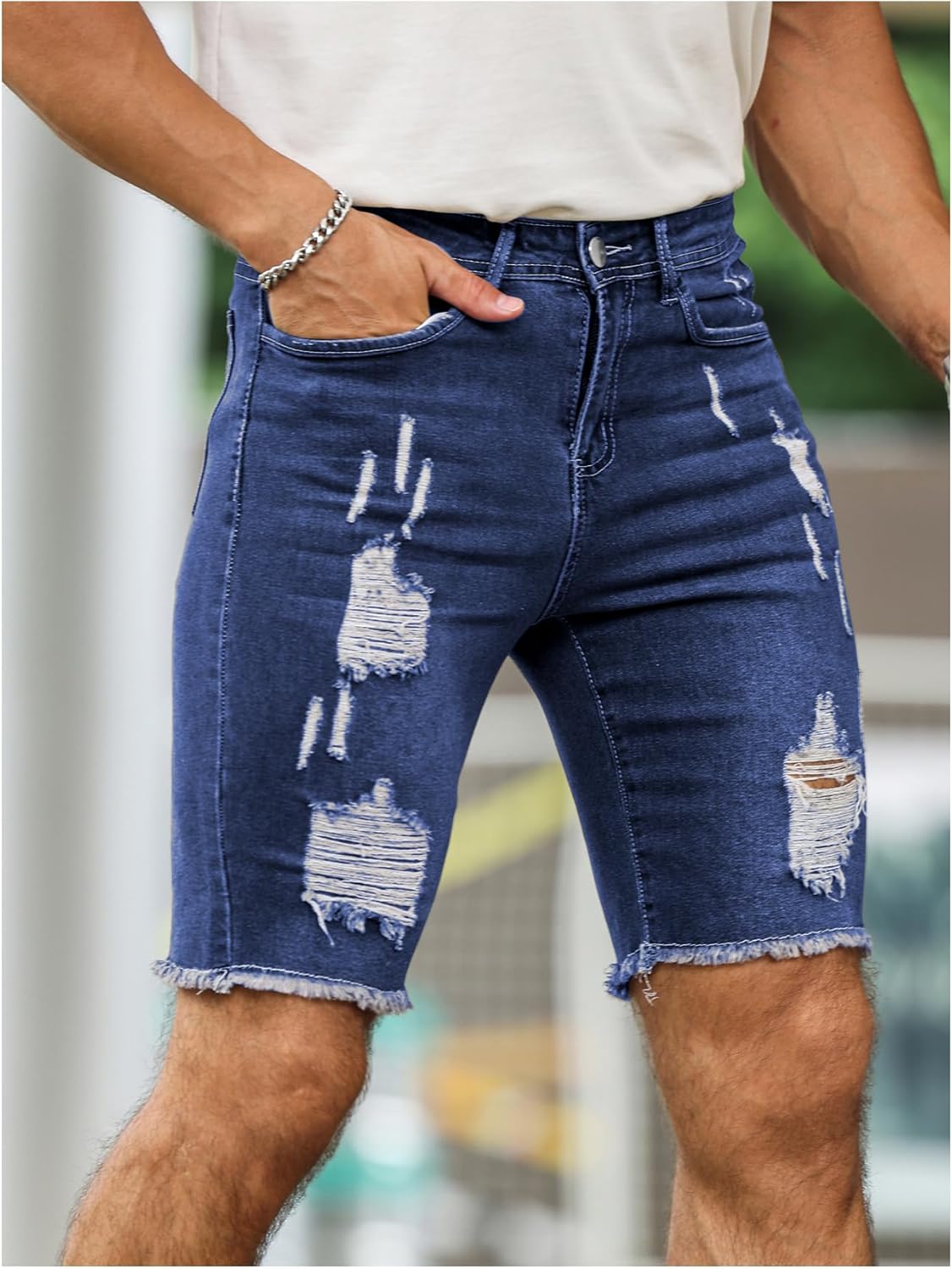 Verdusa Men's Jean Shorts Straight Leg Ripped Raw Trim Denim Shorts Slim Fit Stretch Jorts - Image 4