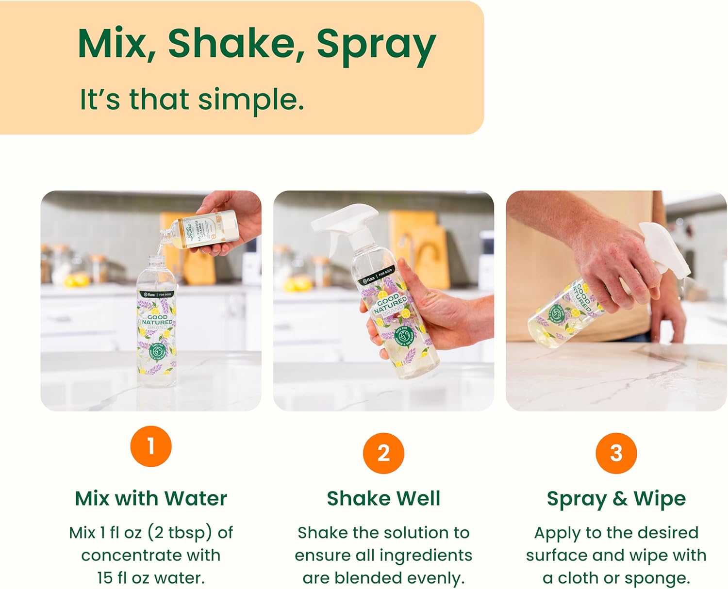 Good Natured Brand All-Purpose Cleaner Concentrate | Multi-Surface Cleaner | Natural Orange Essential Oil | Multipurpose Cleaner Concentrate All Surfaces | Orange | 8oz makes 128oz - Image 4