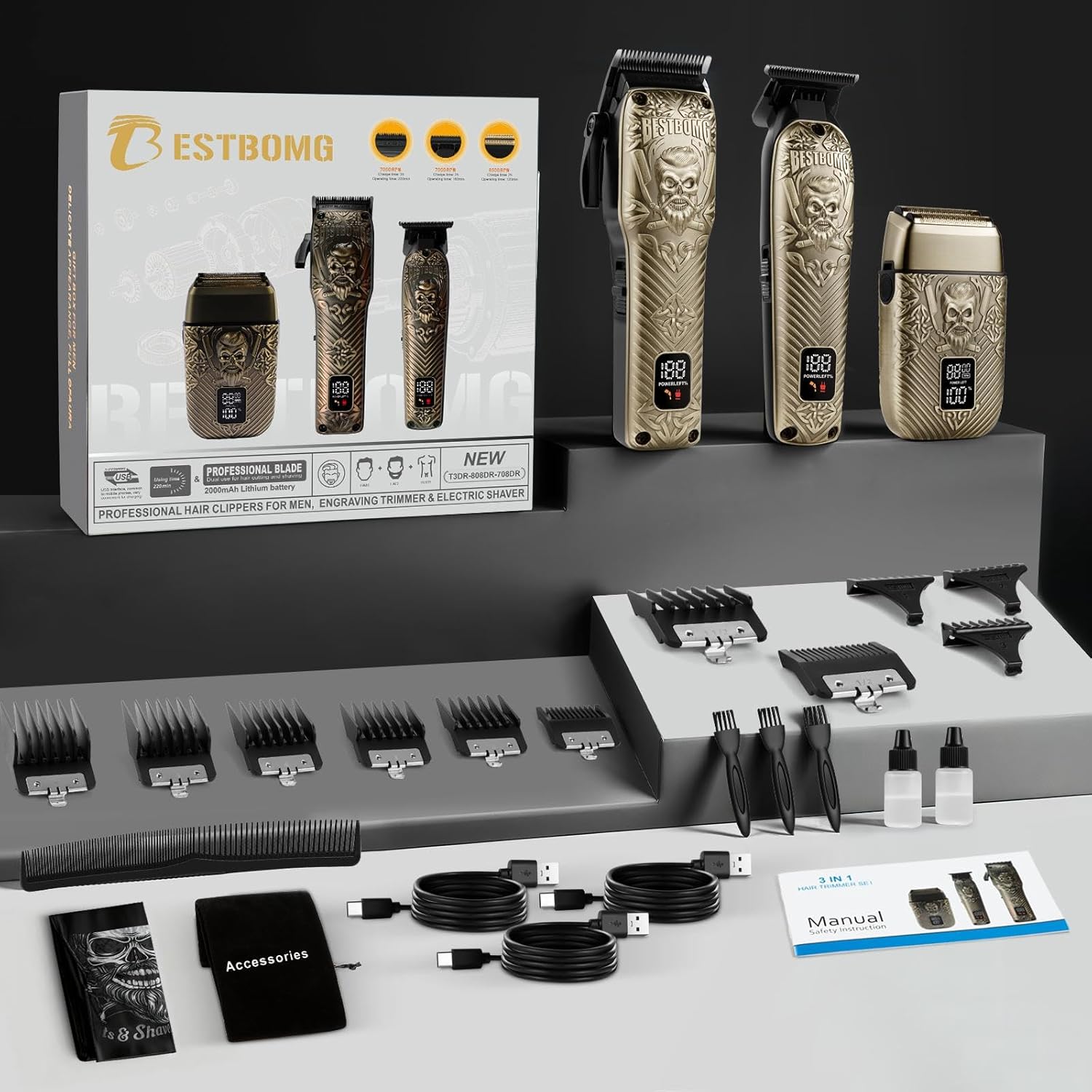 BESTBOMG® Hair Clippers for Men, Professional Hair Clippers, Beard Trimmer& Rechargeable Shaver Set, Metal T-Blade, LED Display, Barber Hair Cutting Kit for Men Grooming & Gifts, BS-807E (Bronze) - Image 8