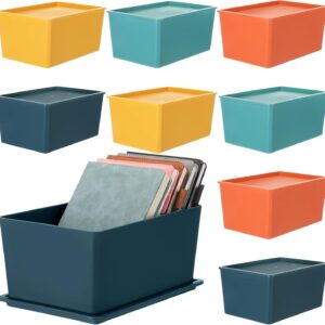 Menkxi 8 Pcs Large Colorful Storage Bins with Lid 10.6 x 7.5 x 4.7 Inch Plastic Storage Basket Stackable Storing Container Cute Decorative Box Cube Cubby Bin for Organizing Shelves Cabinet Classroom