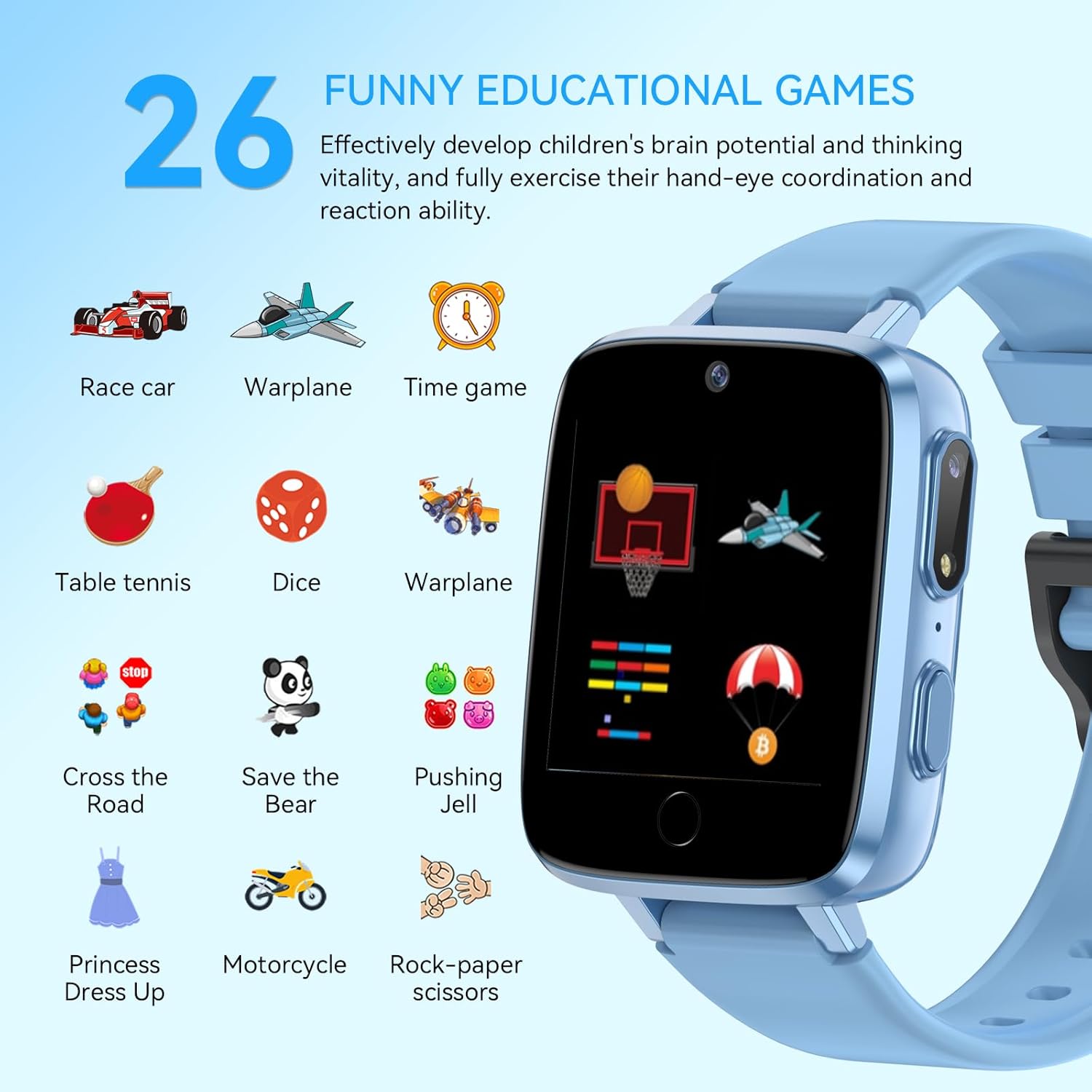 Smart Watch for Kids, 1.54" HD Touchscreen Watches with 26 Games, Camera, Video Recorder, Music, Pedometer, Alarm Clock Calendaring, Flashlight, IP67 Waterproof Birthday Toys for 3-12 Years Old Kids - Image 4