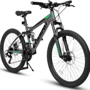 26 27.5 inch Mountain Bike Full Suspension, 21-Speed Steel Frame for Men & Women, Mechanical Disc Brakes Mens Mountain Bike, Outdoor Cycling, Commuting to School or Work City Bikes