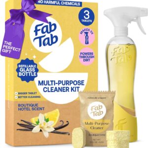 Fab Tab Multi Purpose Cleaner Cleaning Tablets, Eco-Concious Refillable Glass Bottle System with Boutique Hotel Scent, Safe For Family and Pets – Chemical-Free, Plastic-Free – 3 Count