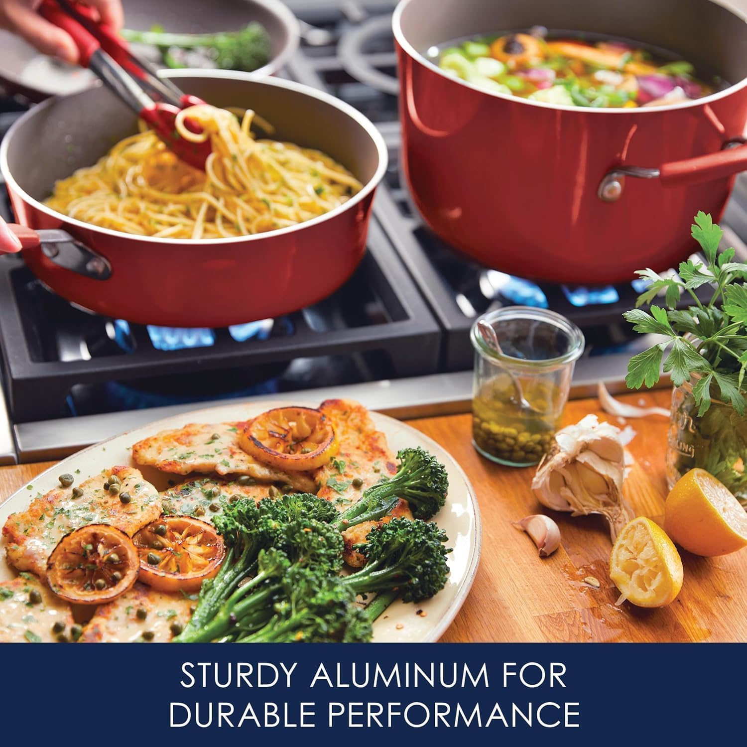 Rachael Ray Cucina Nonstick Cookware Pots and Pans Set, 12 Piece, Cranberry Red - Image 3