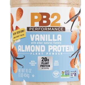 PB2 Performance Almond Plant Based Vegan Protein Powder | 20g Complete Protein, No Added Sugar, Prebiotic Fiber | Dairy Free, Certified Vegan, Non-GMO, Gluten Free [Almond w/Madagascar Vanilla, 1LB]
