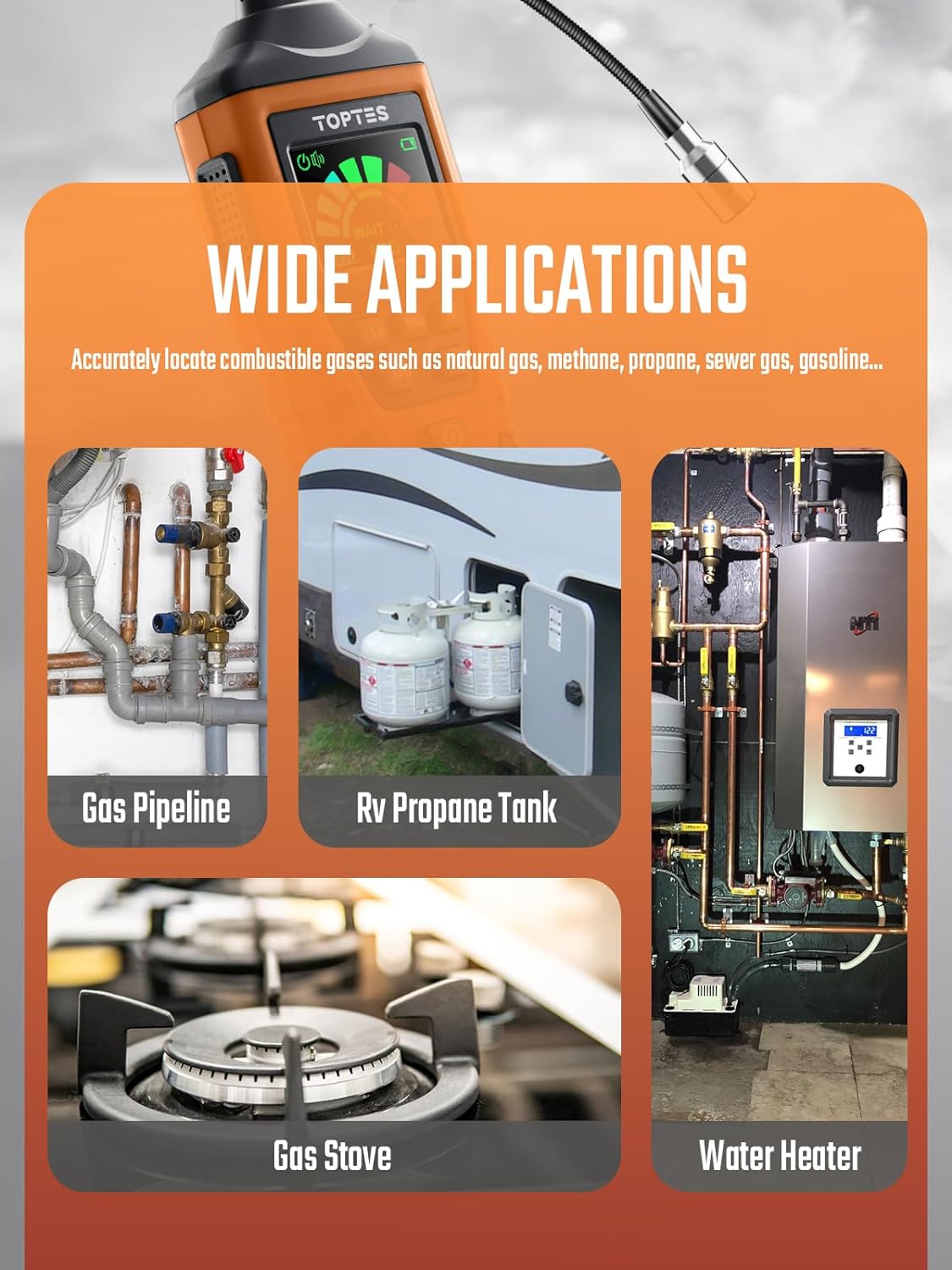 PT520A Natural Gas Detector, Gas Leak Detector with 17-Inch Gooseneck, Locating The Source Like Propane, Methane, and Butane for Home and RV (Includes Battery x3) - Orange - Image 5