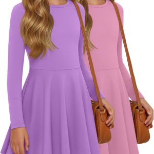 2 Pack Girls Long Sleeve Dress Skater Twirl a Line Crewneck Casual Fall Dresses for Kids 5-14 Years