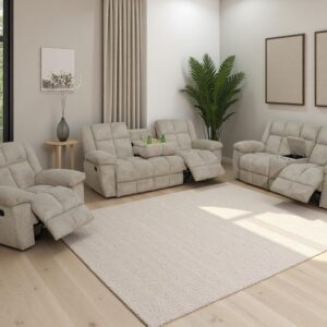 Corduroy Recliner Sofa Set, Manual Reclining Sofa Loveseat Chair Set with Cup Holders/Coffee Table, Comfy Fabric Recliner Couches, Living Room Furniture Sets for Home, Office (Beige, 3PCS Set)
