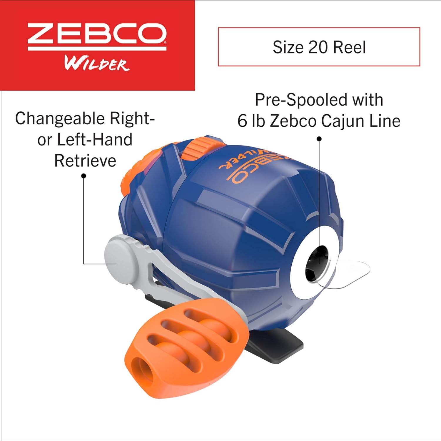 Zebco Wilder Fishing Reel and Rod Combo, 4'3" Durable Fiberglass Rod with Built-In Carabiner, Patented No-Tangle Reel, Pre-Spooled with 6-Pound Zebco Cajun Fishing Line, Blue/Orange - Image 4
