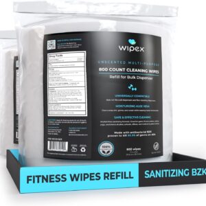 Wipex Gym & Fitness Wipes, 800 ct with BZK Antiseptic Refill Roll for Dispensers 2 Packs (1600 Wipes)