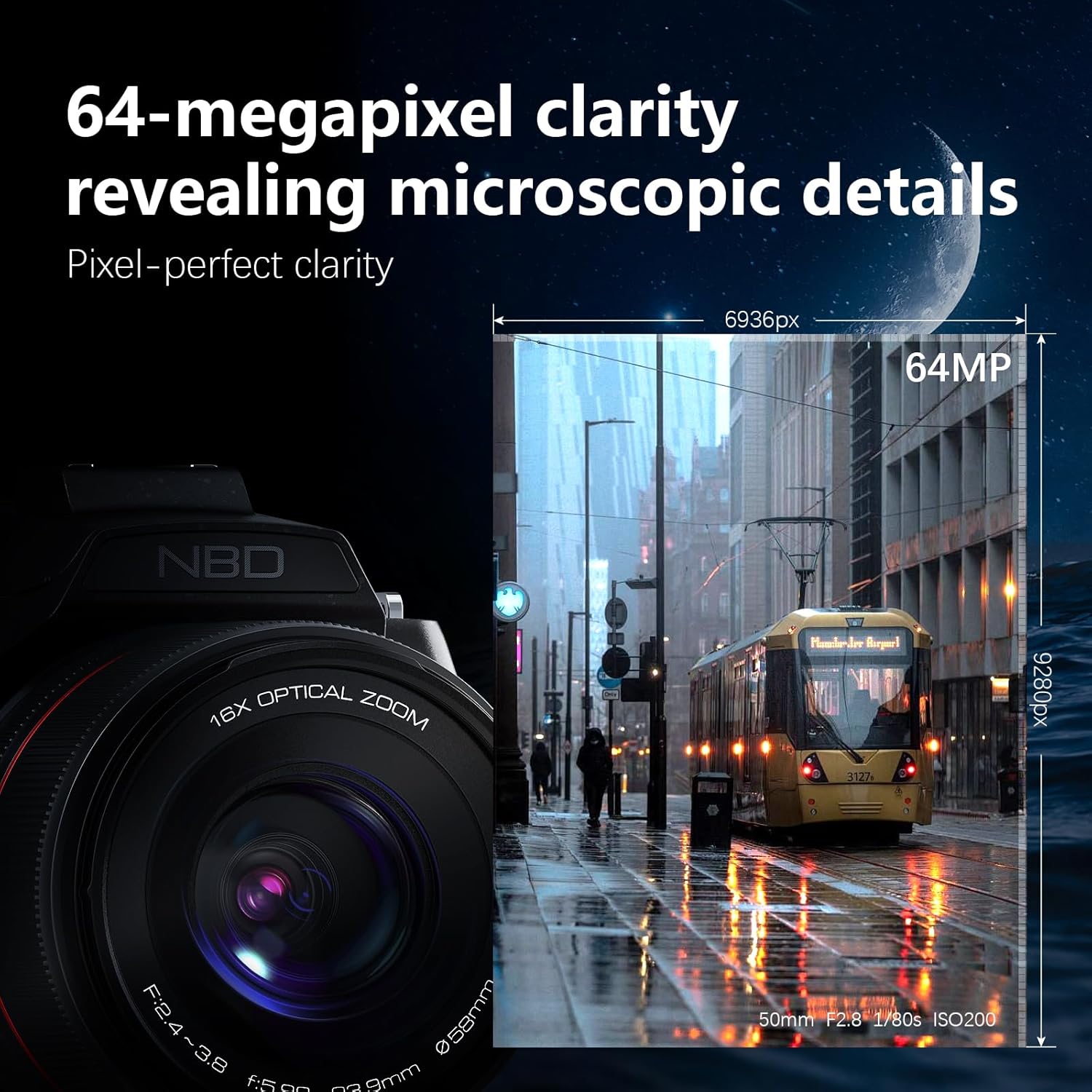 NBD 8K Digital Cameras for Photography,64MP Vlogging Cameras,16X Optical Zoom Travel Point and Shoot Digital Cameras Fotograficas with 180°Flip Screen,58mm Lens,2 Batteries,64GB Card(Black) - Image 4