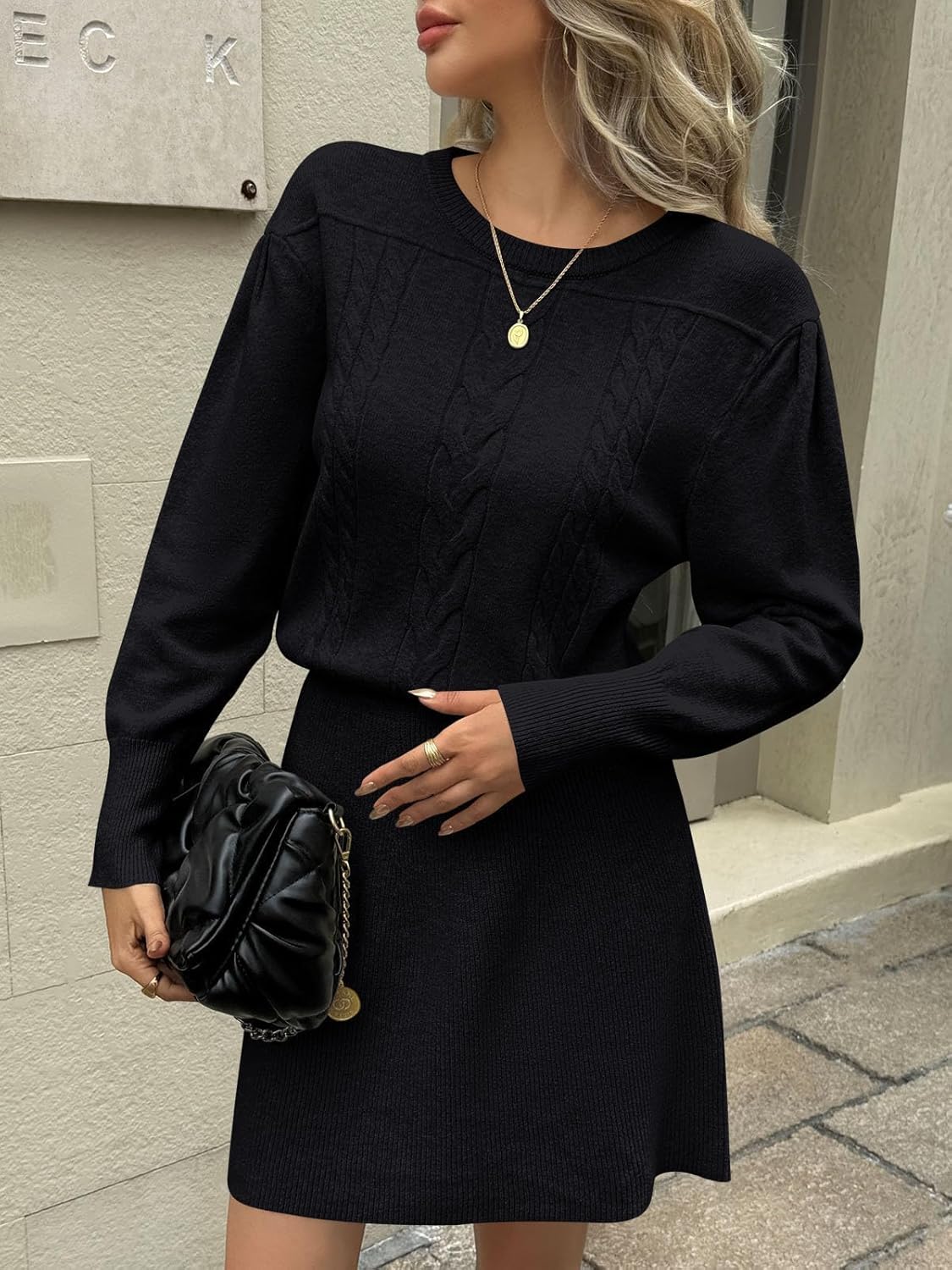 Saodimallsu Womens Puff Long Sleeve Sweater Dress Cable Knit A Line Crew Neck Fall Casual Flare Mini Dresses - Image 2