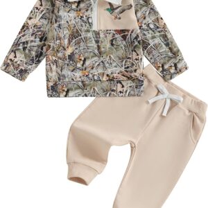 VISGOGO Toddler Baby Boy Hunting Outfit Duck Half Zip Long Sleeve Sweatshirt Pants Set 2 Fall Camouflage Clothes
