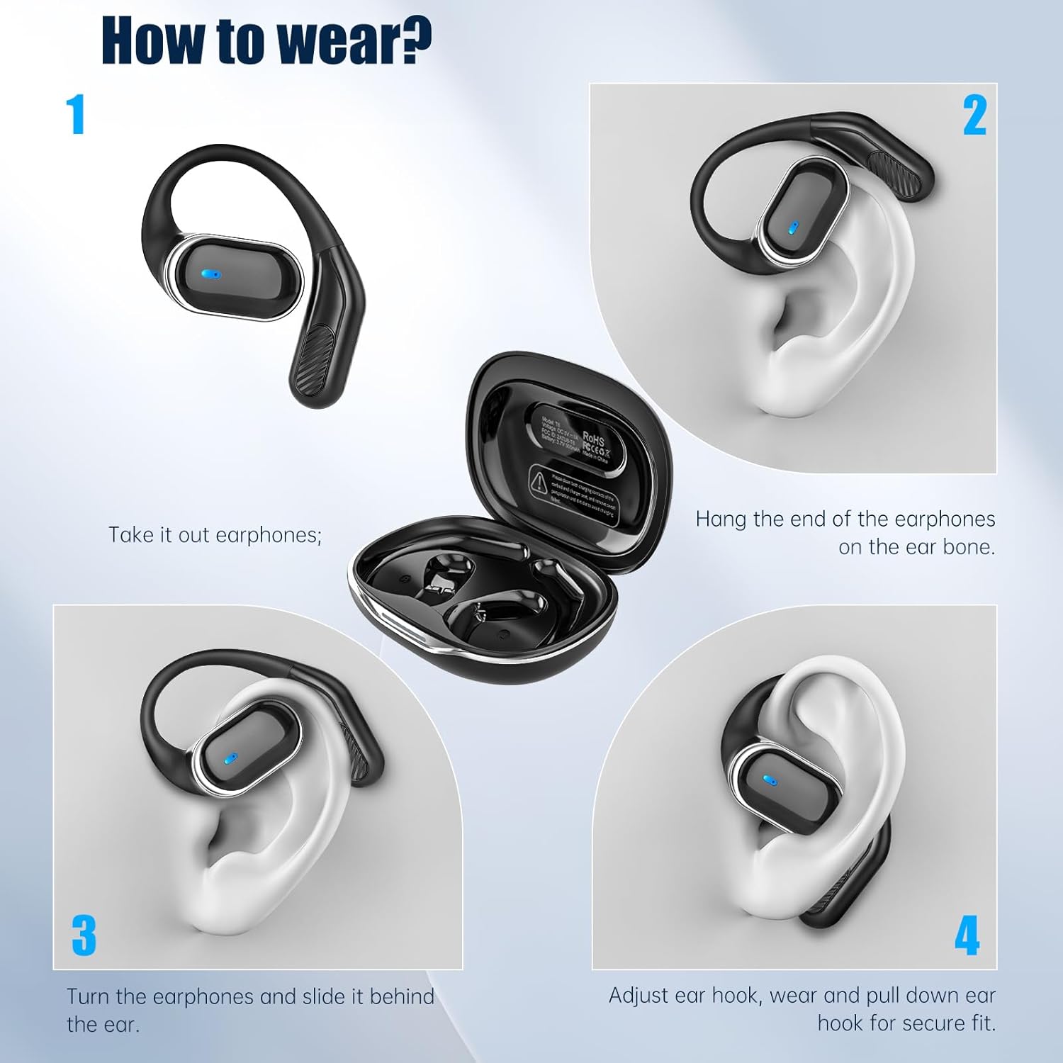 Open Ear Wireless Earbuds Bluetooth 5.4 Headphones, 50H Playtime Stereo Earphones with ENC Noise Cancelling, IPX7 Waterproof Ear Buds with Ergonomic Earhook for Sports/Fitness/Travel/Workouts (Black) - Image 4