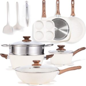 NEWBULIG Cookware Set, Nonstick & Non-Toxic Pots and Pans with Stay-Cool Handles, Induction Compatible, 17-Piece Cream White