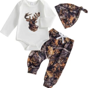 Newborn Baby Boy Hunting Outfit Deer Mallard Duck Romper Jungle Camo Pants Set Hat 3 Piece Fall Winter Clothes