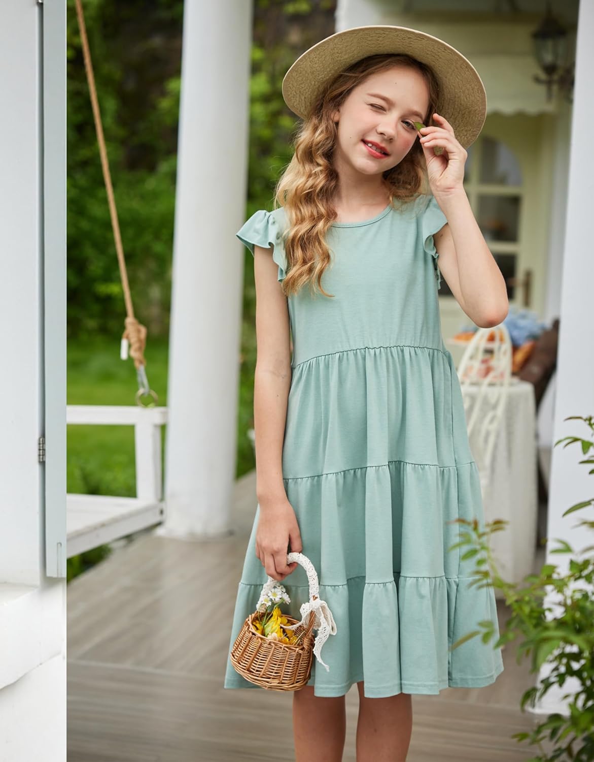 Arshiner Girl's Summer Dresses Ruffle Sleeve Tiered Swing Midi Casual Sundress with Pockets - Image 4