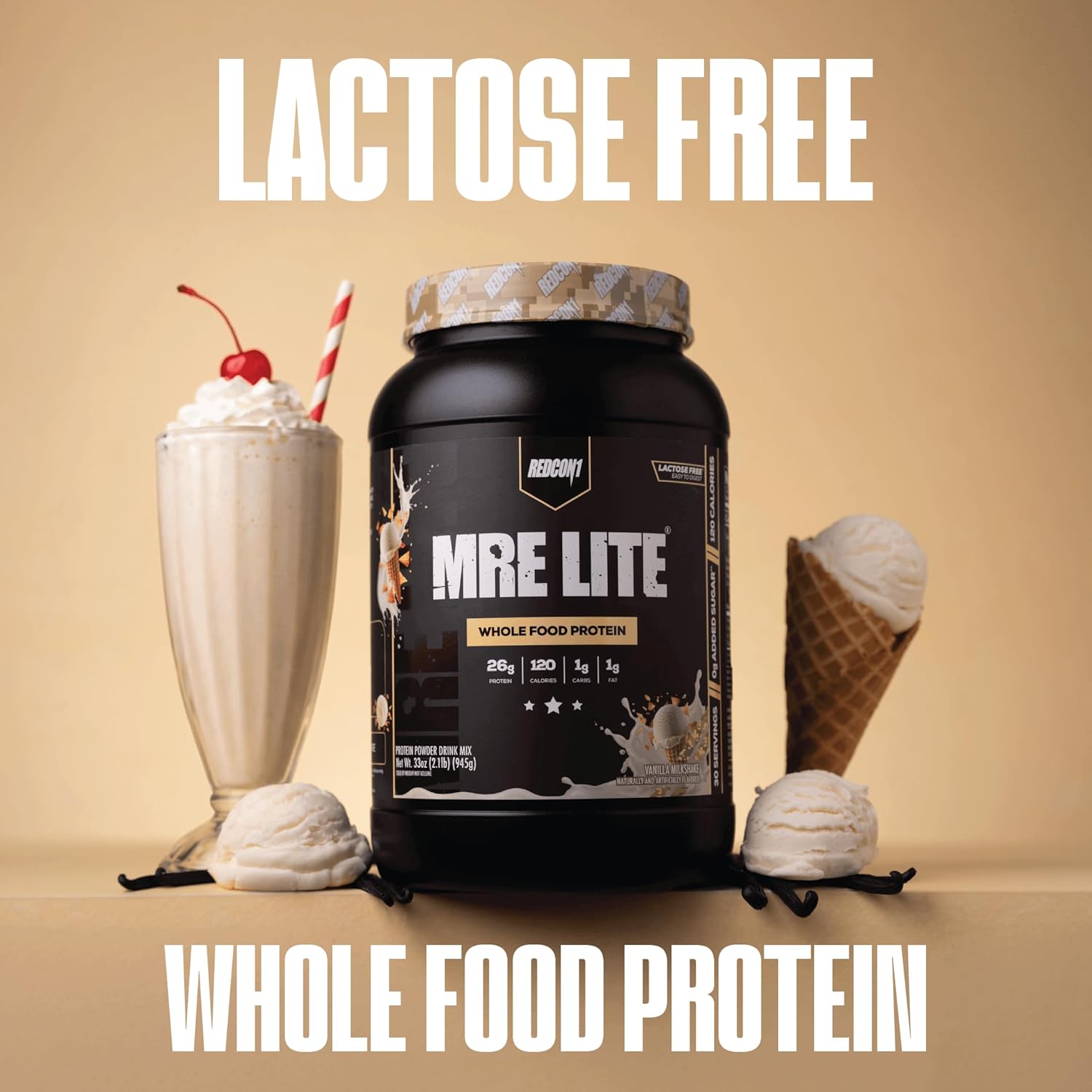 REDCON1 MRE LITE Whole Food Protein Powder, Vanilla Milkshake - Lactose Free & Sugar Free Meal Replacement with Animal Protein Blends - Easy to Digest Formula - Only 1g Carb per Serving (30 Servings) - Image 3