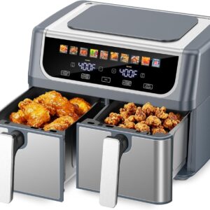 OLIXIS Dual Basket Air Fryer, 9.5 Quart Large Air Fryer with Double Basket, Independent TEMP Control, Sync Setting, Shake Reminder, 10 Presets for Bake, Broil, Defrost, Dehydrate, Grey