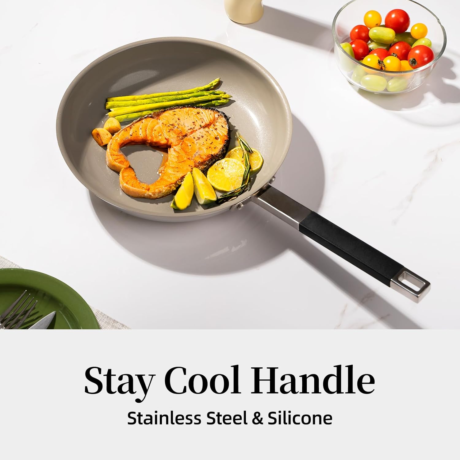 ROYDX Stainless Steel Fry Pan Set Titanium Ceramic Non Stick Frying Pan with Lid 8", 10" and 12" Oil Gather Pro Non Stick Skillets with Stay-Cool Handle PFOA Free, Compatible with All Cooktops - Image 8