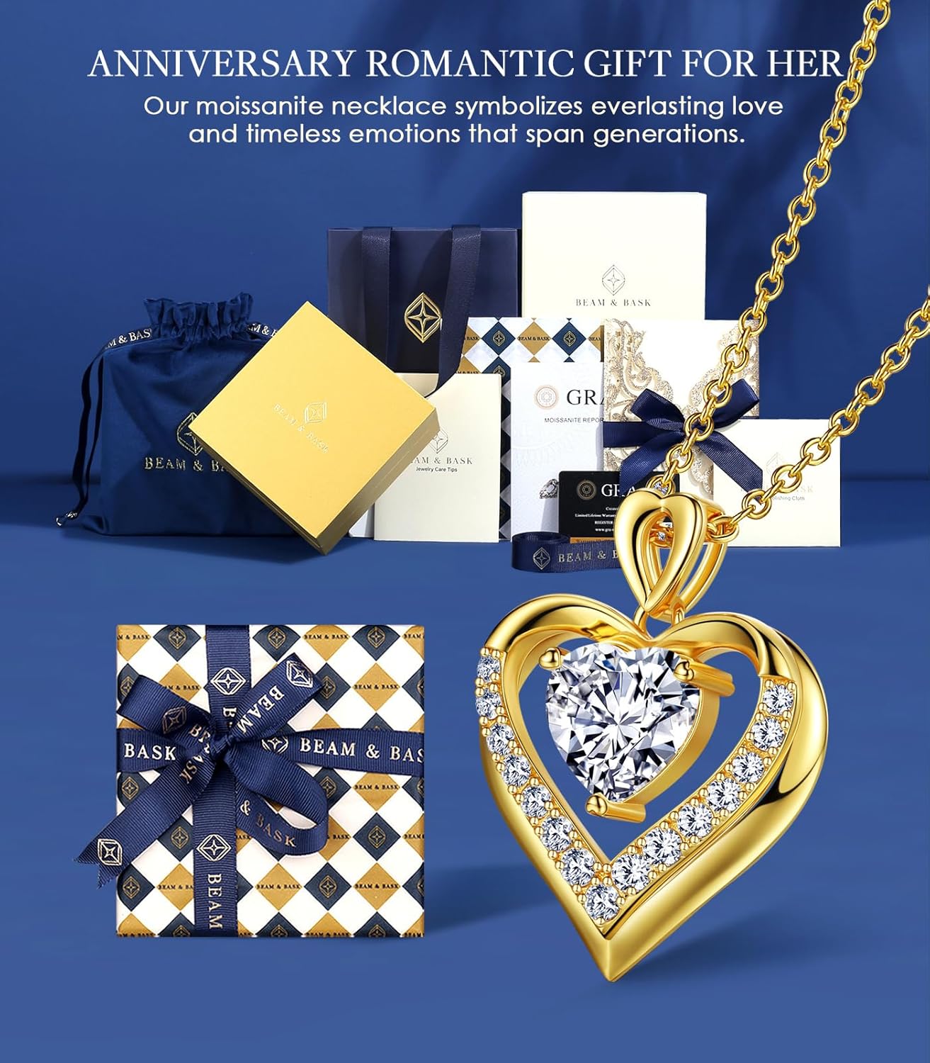 Beam & Bask 2-3 Ct Moissanite Double Heart Pendant Necklaces for Wife, 18K Gold Plated S925 Silver Jewelry for Women Girlfriend Mom Her on Anniversary Birthday - Image 3