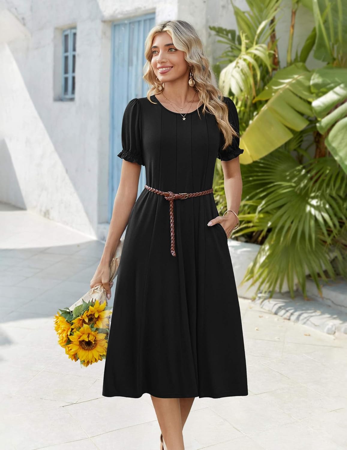 Zeagoo Womens Summer Dress Casual Midi Dresses 2026 Short Puff Sleeve Flare Dress Pleated Flowy Sundress with Pockets - Image 5