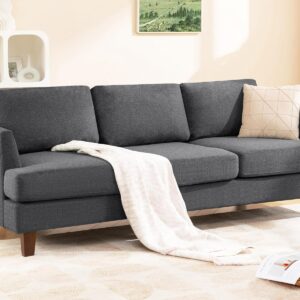 3 Seater Sofa Couch with Deep Seats, 89″ Mid Century Modern Upholstered Sofa with Armrests, Comfy Couches for Living Room, Bedroom, Apartment and Office (Dark Grey)