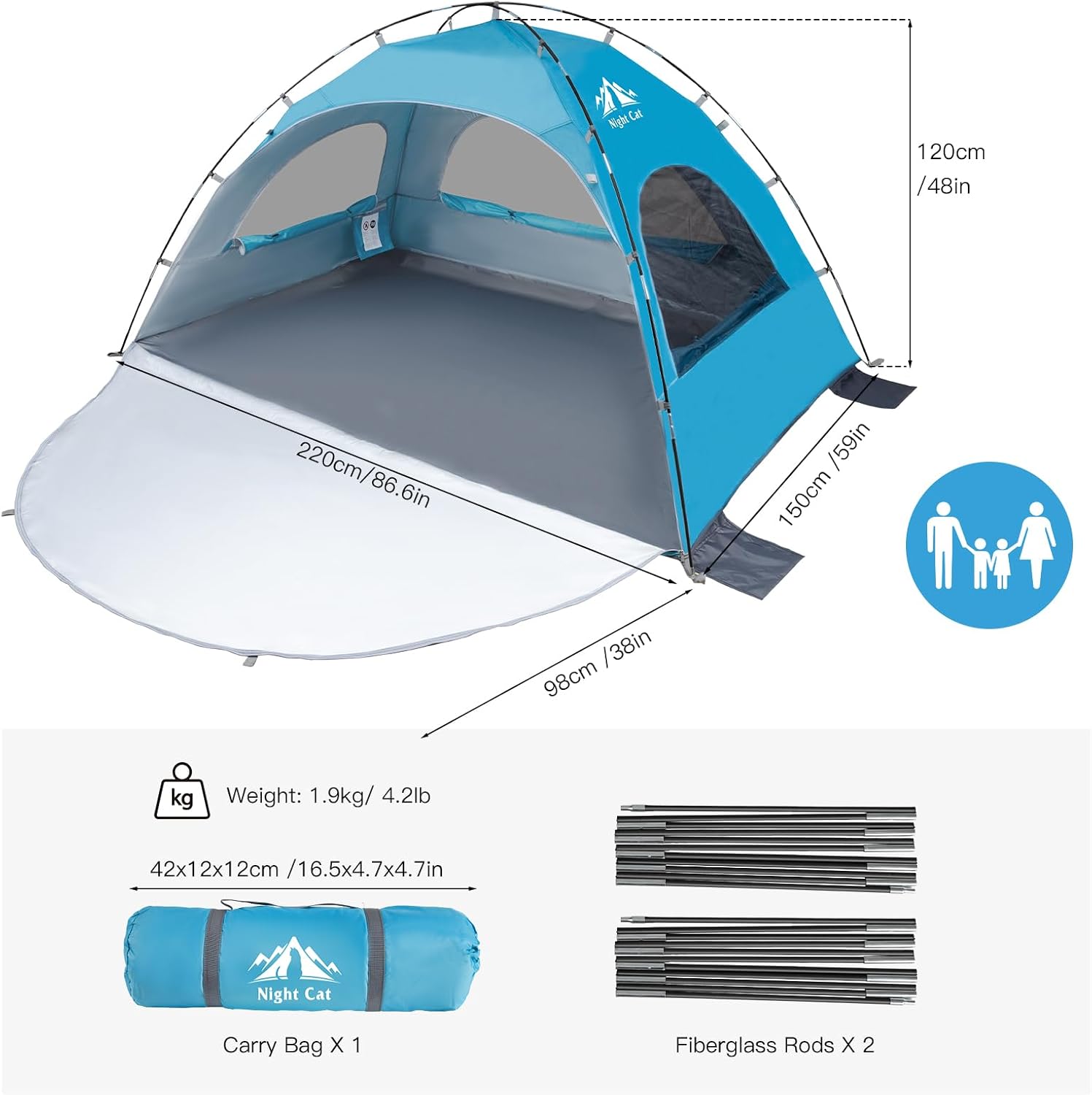 Night Cat Beach Tent Portable Camping Sun Shade Shelter for 2-4 Persons with UV Protection 3 Breathable Mesh Windows Extended Tent Floor Easy Set Up Outdoor - Image 7