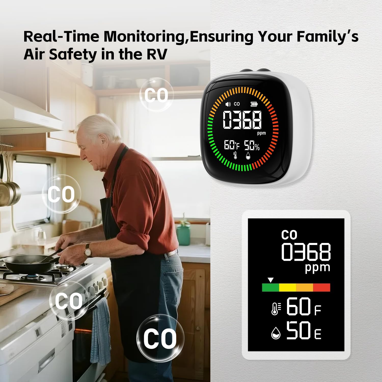3-in-1 Carbon Monoxide Detectors Battery, Travel, Portable CO Detector, RV CO Alarm Temp/Hum Sensor, Rechargeable CO Monitor, for Home, Car, Travel, Camping-White - Image 4