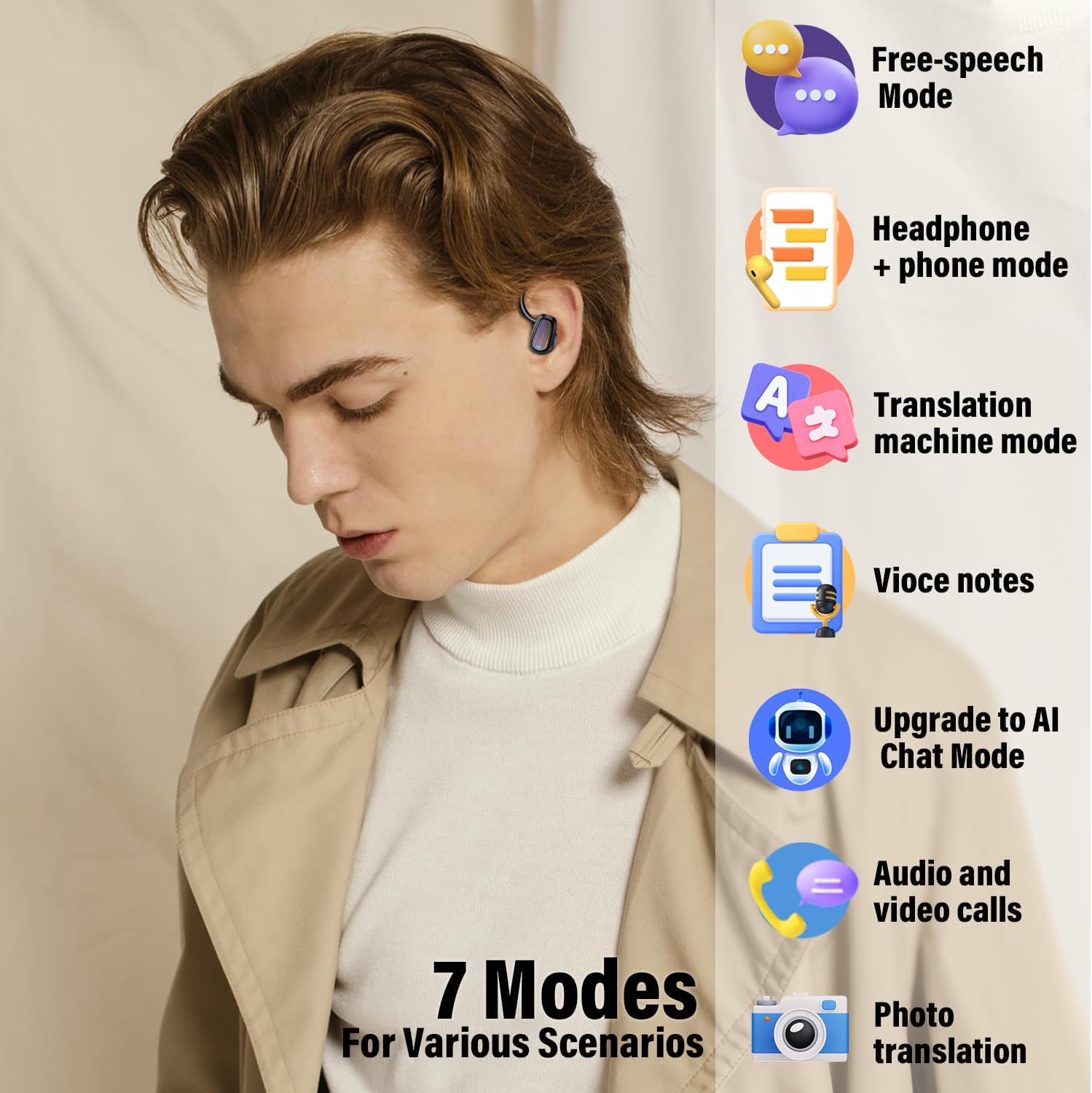 AI Translation Earbuds Real Time, 164 Language Translator Earbud with Audio and Video Calls, 3-in-1 Buletooth 5.4 Translation Headphone with APP, 50H AI Ear Buds Translator Device for Business, Black - Image 4