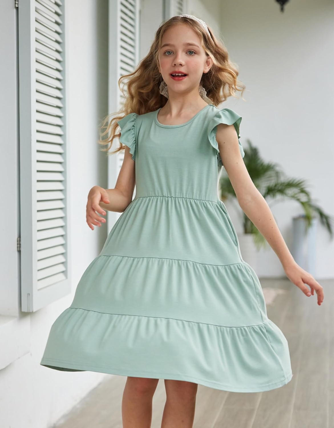 Arshiner Girl's Summer Dresses Ruffle Sleeve Tiered Swing Midi Casual Sundress with Pockets - Image 3