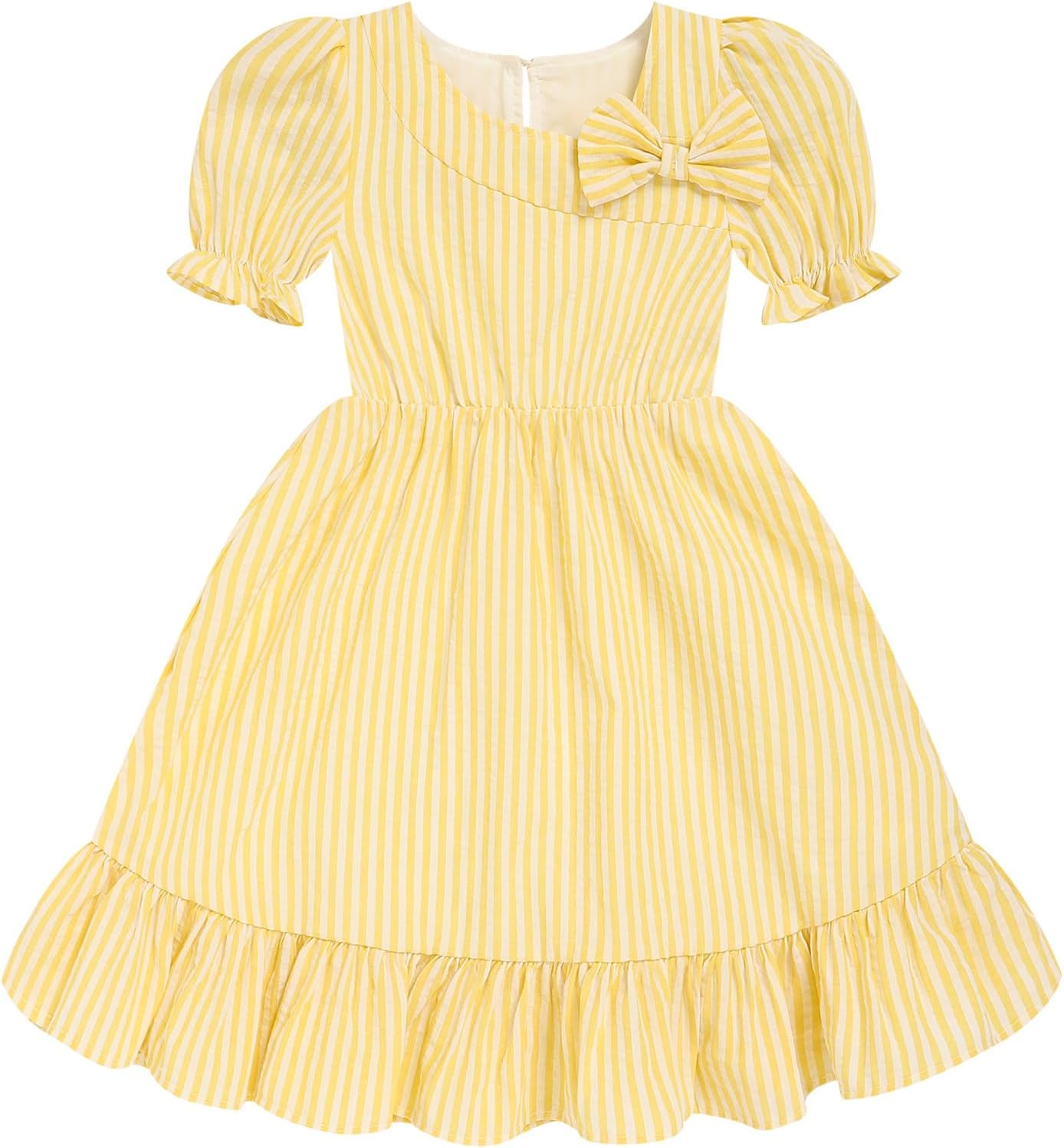 GRNSHTS Toddler Girl Summer Dress Kids Striped Puffed-Sleeve Casual Dresses 1-6Y