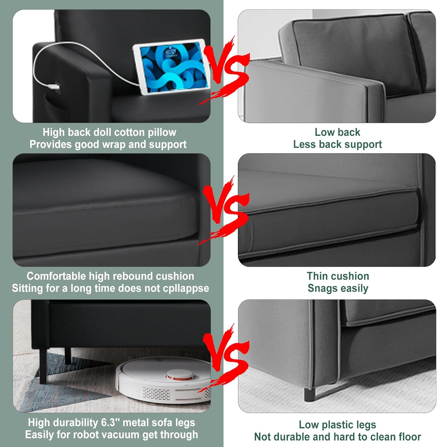 STHOUYN 3 Piece Living Room Furniture Sets, 3 Seat Couch and Loveseat with 2 USB, Single Sofa Accent Chair, Modern Small Couches for Small Spaces (Black 1+2+3) - Image 5