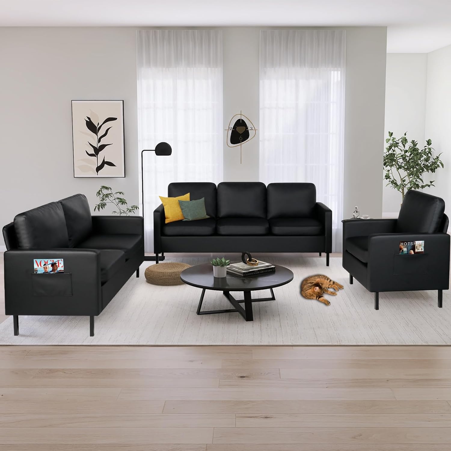 STHOUYN 3 Piece Living Room Furniture Sets, 3 Seat Couch and Loveseat with 2 USB, Single Sofa Accent Chair, Modern Small Couches for Small Spaces (Black 1+2+3) - Image 3