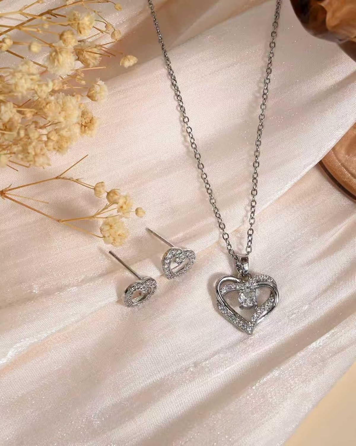 Silver Heart Shaped Jewelry Set Cubic Zirconia Heart Pendant CZ Adjustable Necklace and Simple Small Stud for Women - Image 4