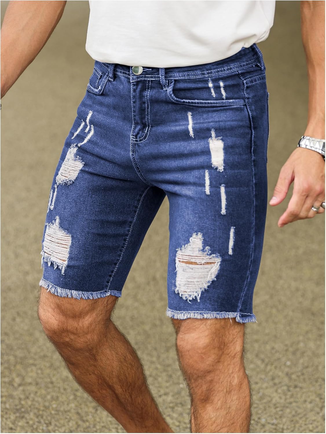 Verdusa Men's Jean Shorts Straight Leg Ripped Raw Trim Denim Shorts Slim Fit Stretch Jorts - Image 3