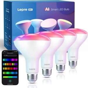 Lepro BR1 AI LED Smart Bulbs – AI Generated Lighting, LightGPM 2 with LLM, LightBeats Music Sync, Voice Control Via App, RGBWW Colors, Compatible with Alexa & Google Assistant, BR30 E26 8W, 4 Packs