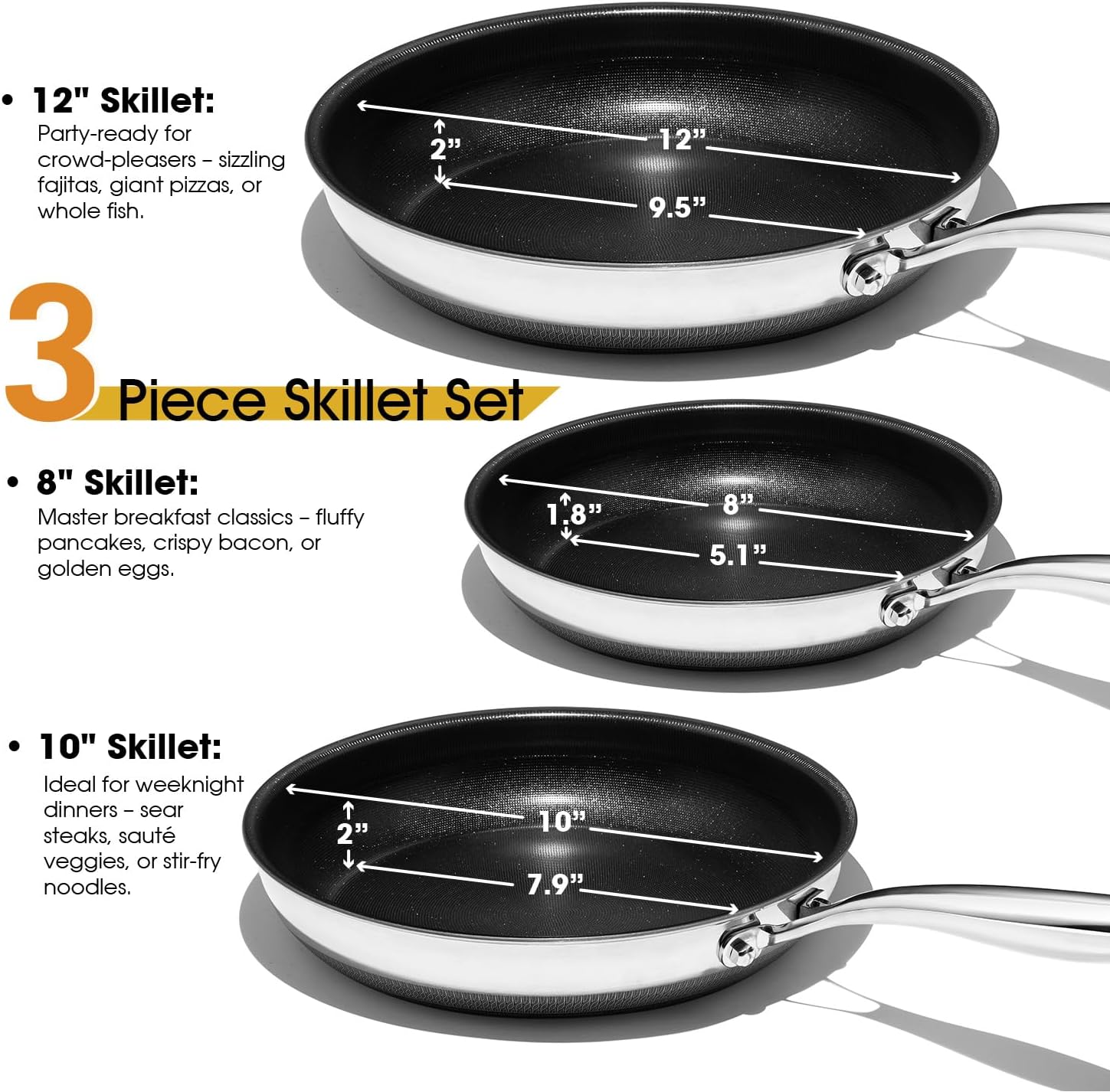 Nonstick Frying Pan Set – 8" 10" 12" Titanium Ceramic Skillet with Lid, Stay-Cool Handle,PFAS, PTFE, PFOA-Free, Non-Toxic, Dishwasher & Oven Safe, Compatible with All Cooktops - Image 7
