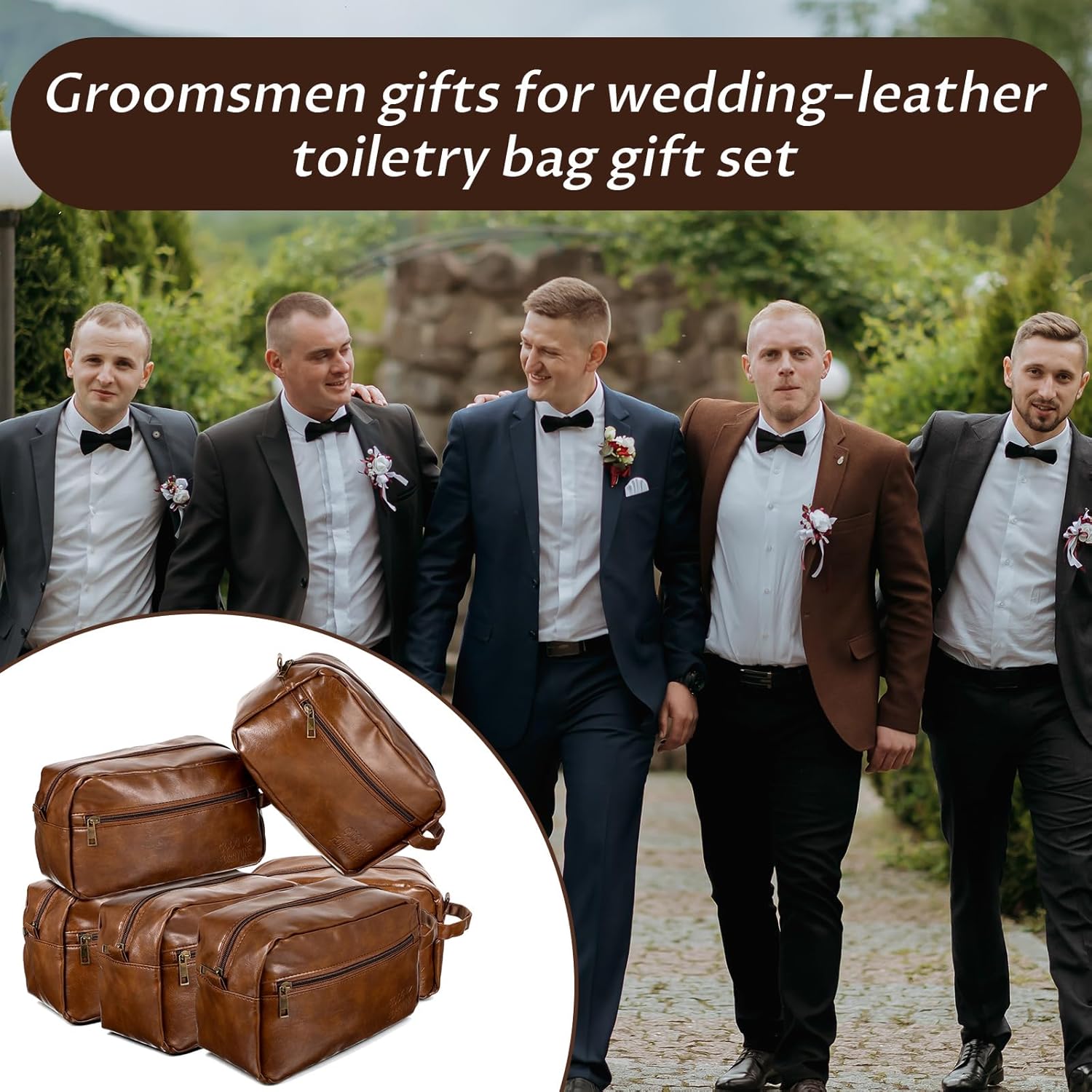 6Pcs Leather Toiletry Bags for Men, Water Resistant Groomsmen Gifts Set Men's Travel Shaving Kit Wedding Proposal Gift for Best Man Father (Brown) - Image 6