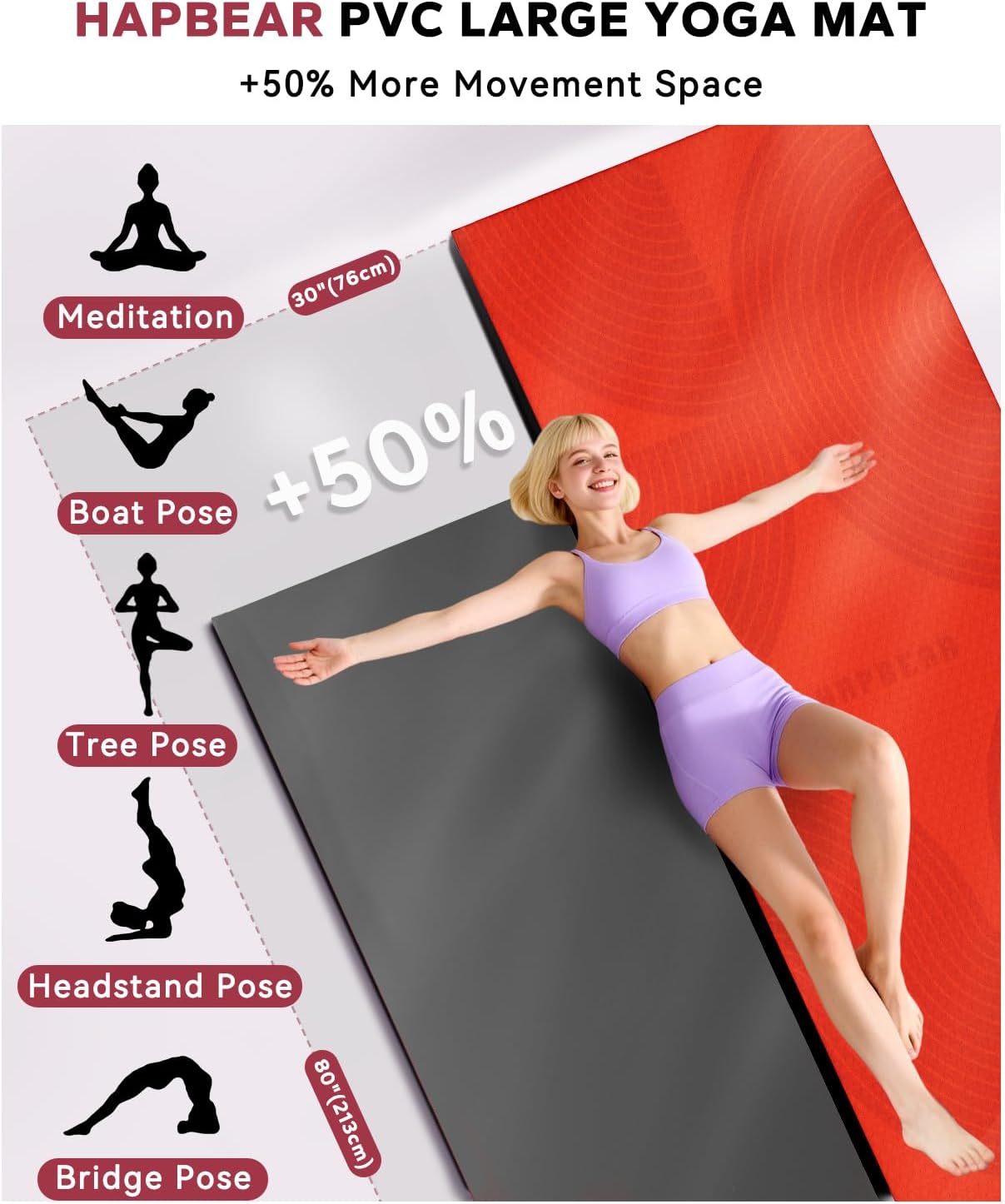 HAPBEAR Extra Large Yoga Mat (84''×30'') - 1/3'' Thick Double-Sided PVC Non-Slip Exercise Mat with High Rebound Cushioning, Dual-Side Usable for Home Gym, Yoga, Pilates & Workouts -Orange - Image 2