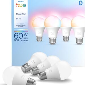 Philips Hue Essential Smart LED A19 Bulb, White and Color Ambiance, E26 Base, 8.8W, 2200K-6500K, 800 Lumens, Dimmable, Works with Alexa, Google, and Apple Home, 4-Pack