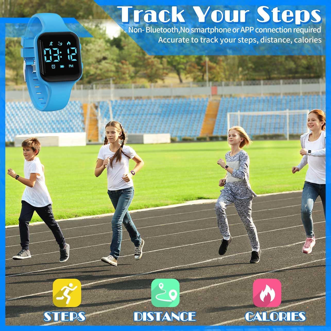 Children Simple Fitness Tracker Watch, Digital Step Counter Sport Watch, Waterproof Wristwatch, with Pedometer Alarm Clock Calendar for Kids Boy Girl Students (Blue) - Image 3