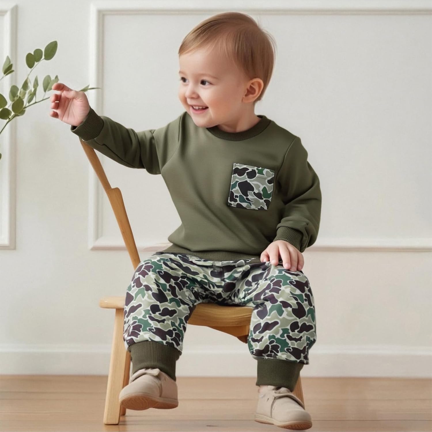 Toddler Boy Fall Winter Clothes Baby Camo Hunting Outfits Retro Pullover Sweatshirts + Camouflage Pants Set - Image 3