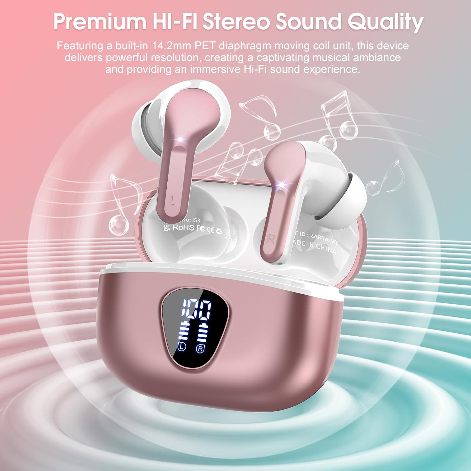 Wireless Earbuds, Bluetooth 5.4 Headphones HiFi Stereo, Bluetooth Earbuds with ENC Noise Cancelling Mic, IP7 Waterproof in Ear Earphones, 48H, LED Display Ear buds for Pad Phones Workout, Rose Gold - Image 6