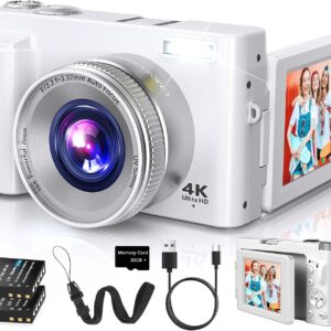4K Digital Camera for Photography Autofocus, 2026 Latest 48MP Vlogging Camera for YouTube with SD Card, 2 Batteries, 3″ 180°Flip Screen Compact Travel Camera for Teens with 16X Zoom (Off White)